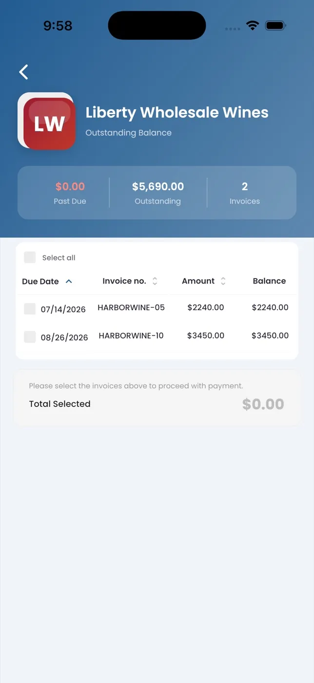 Wireten app: selecting invoices from Liberty Wholesale Wines to pay by ACH