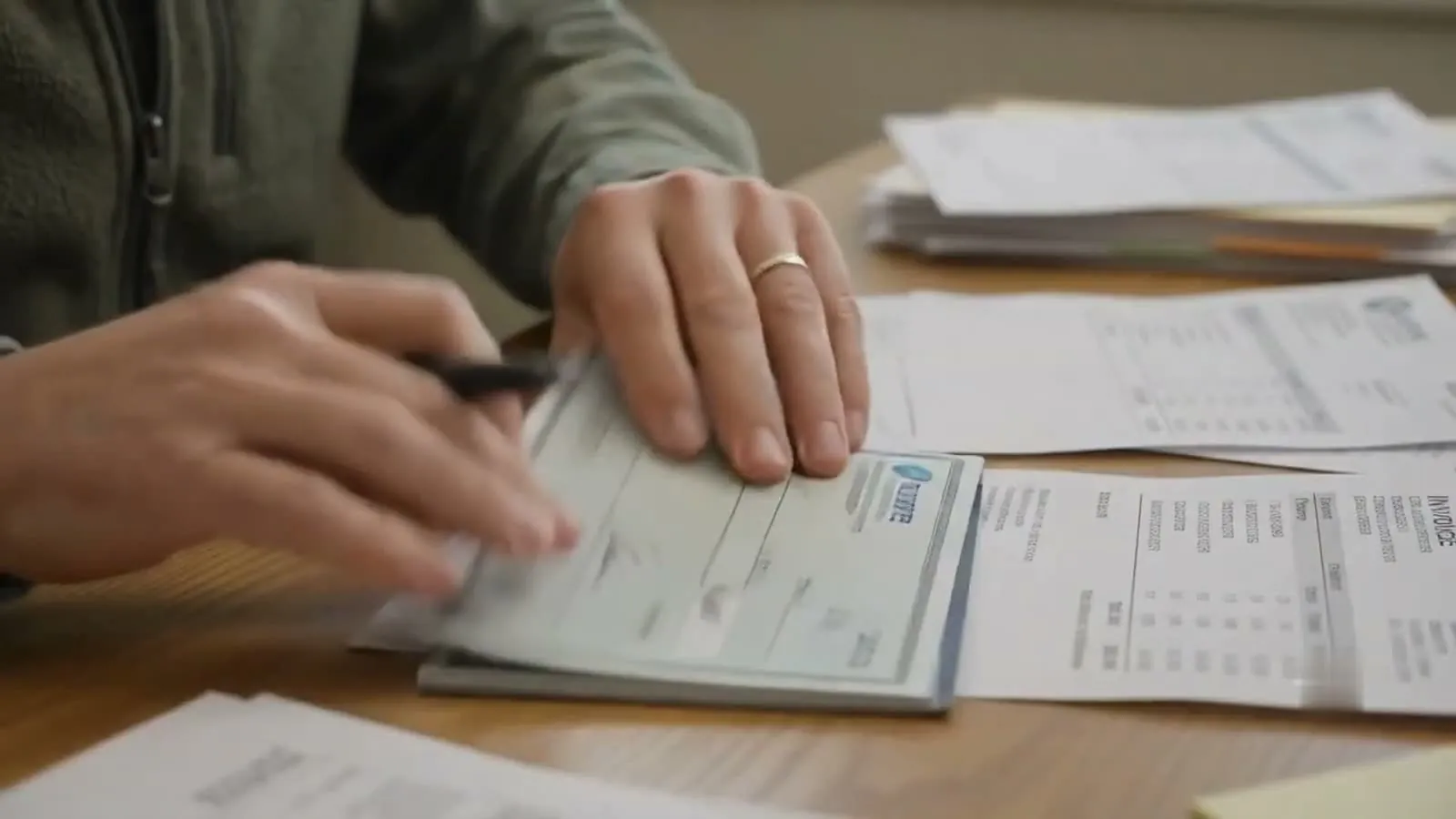 A retailer writing paper checks to pay suppliers