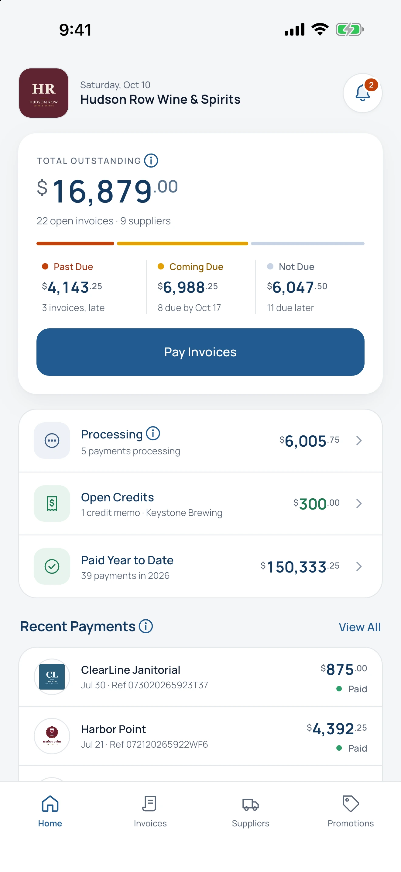 Wireten app: a retailer's home screen with total owed and upcoming due dates