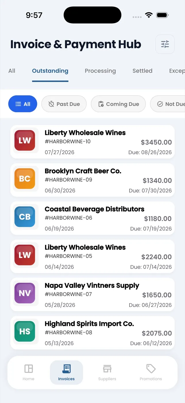 Wireten app: invoice hub filtered to outstanding invoices