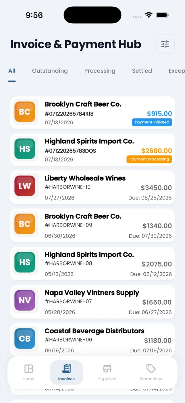 Wireten app: invoice and payment hub for a wine and spirits retailer, showing all invoices with amounts and due dates