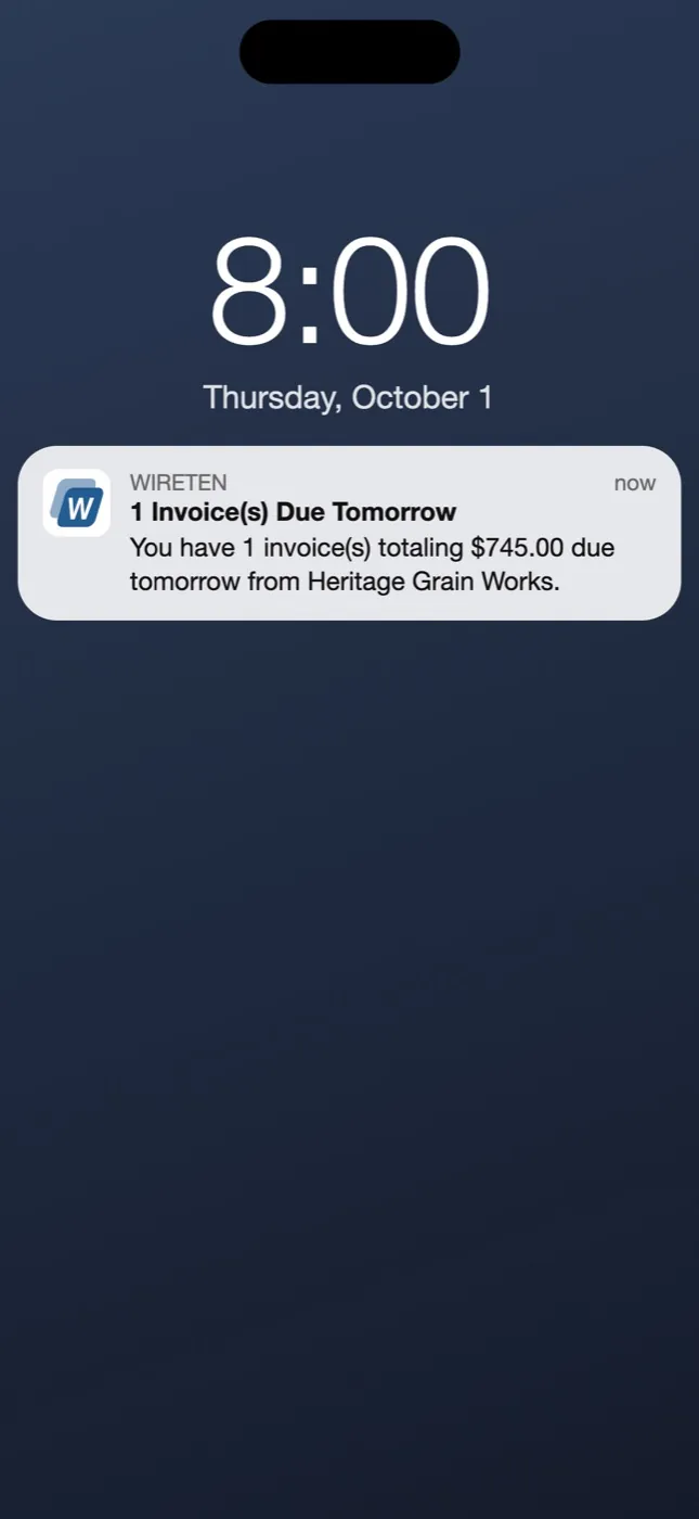 Wireten app: reminder that an invoice is due tomorrow