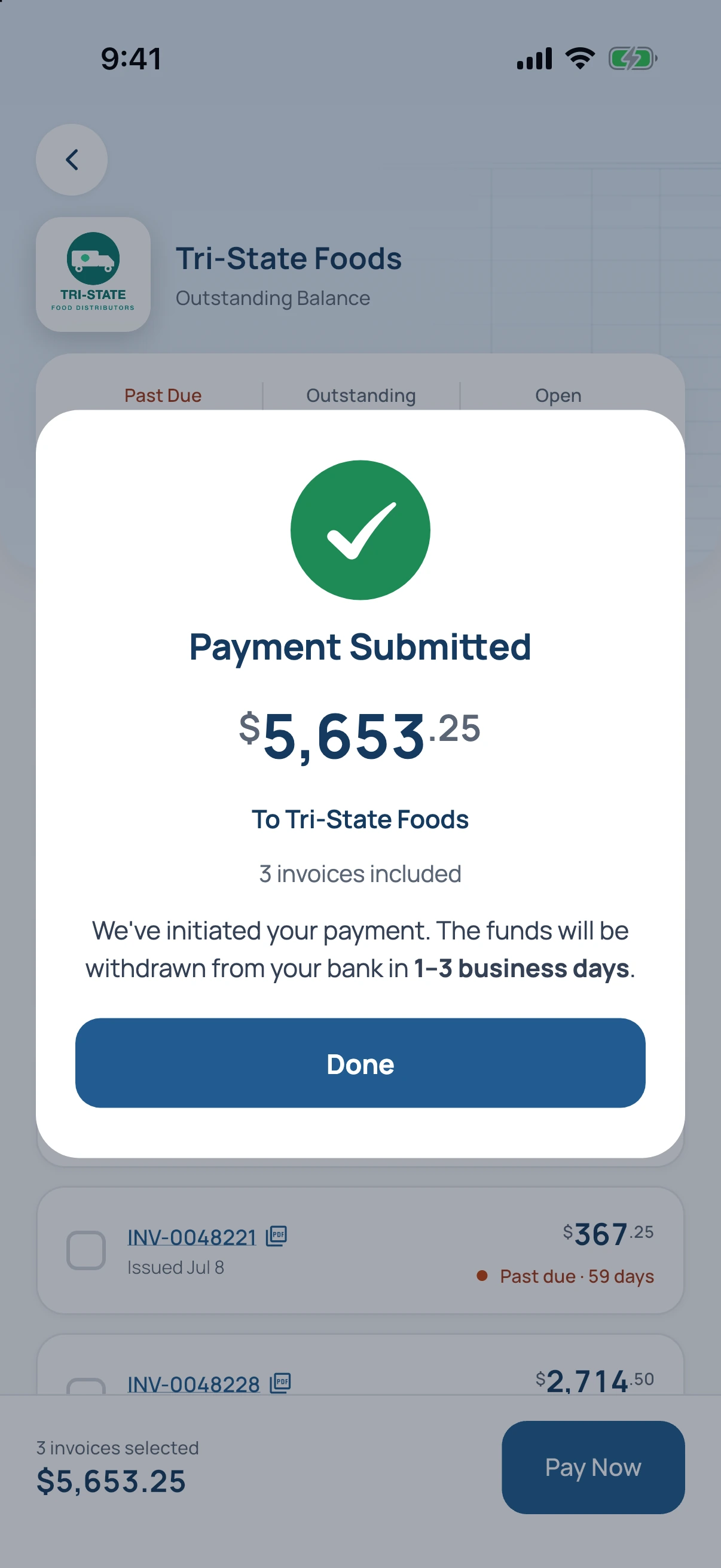 Wireten app: payment submitted