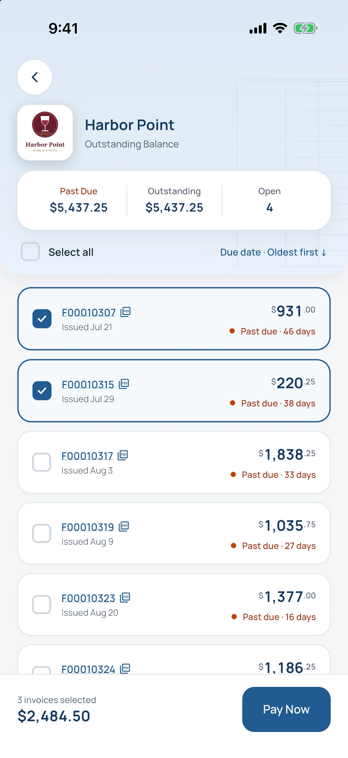 Wireten app: select invoices and pay by ACH