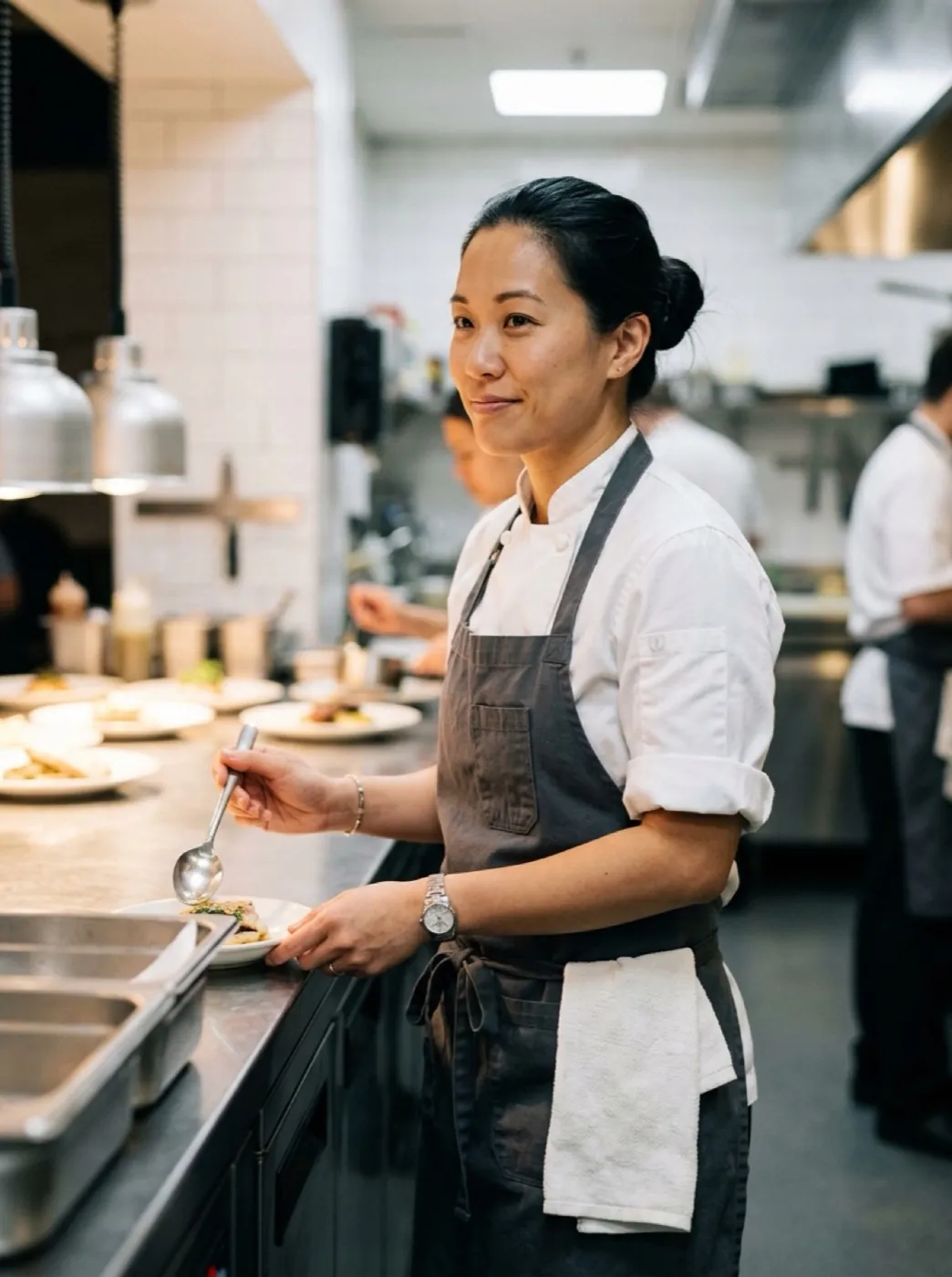 A restaurant owner at the pass in her kitchen