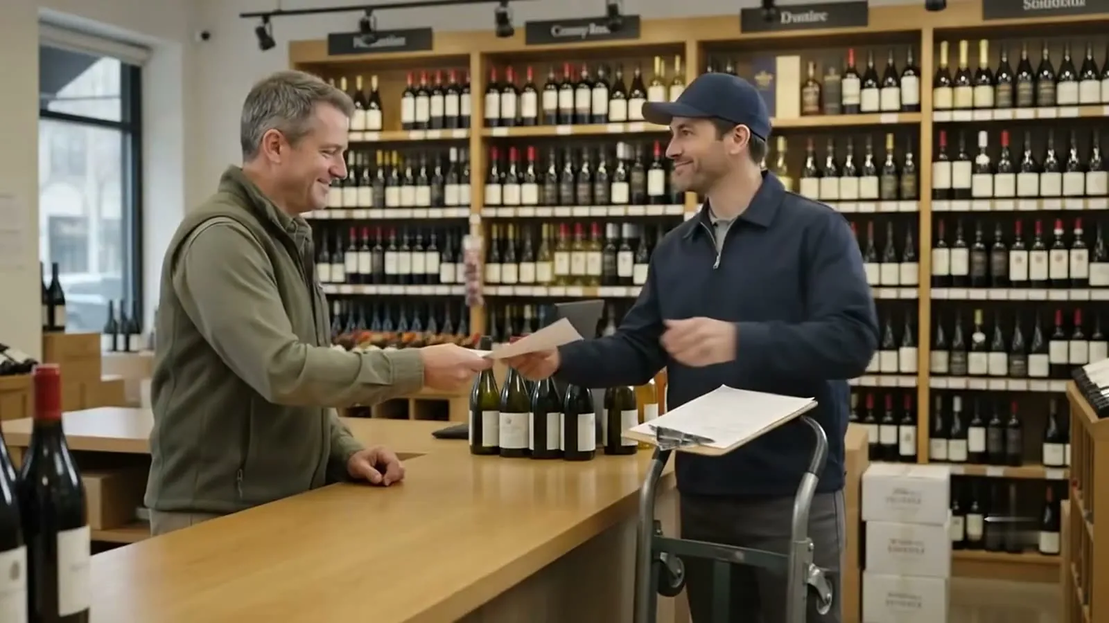 A beverage distributor's driver handing an invoice to a wine shop owner at the counter