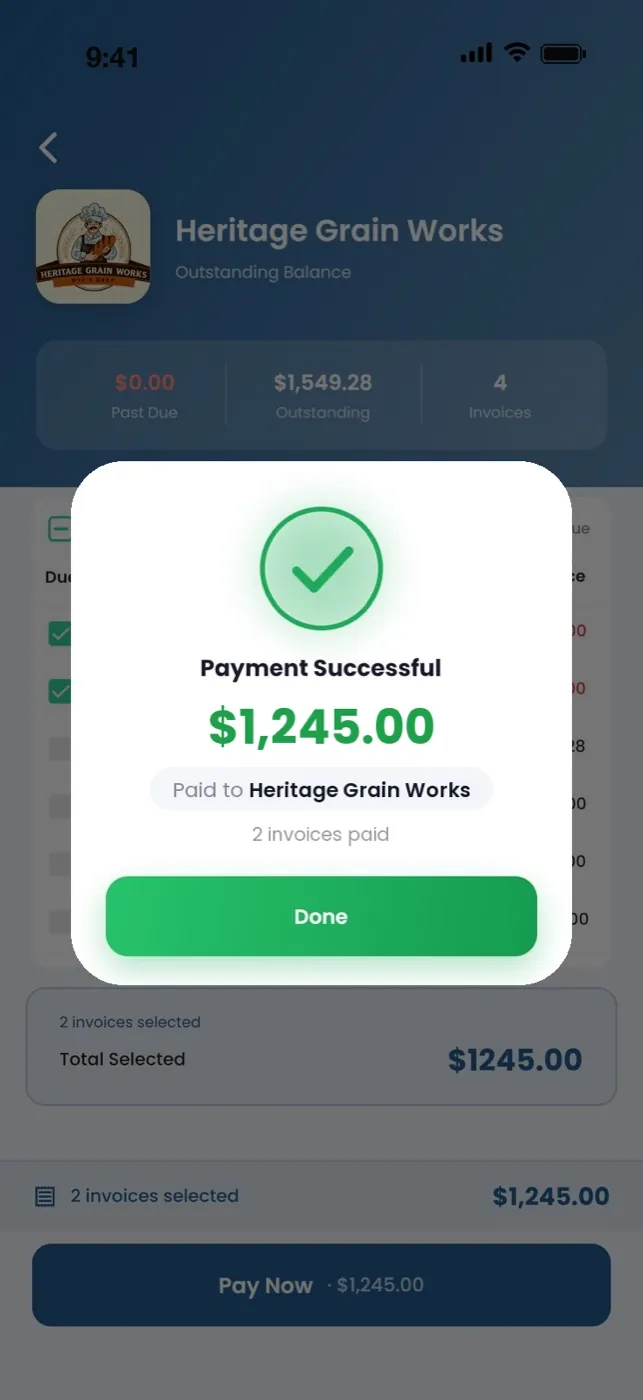 Wireten app: payment successful screen for $1,245