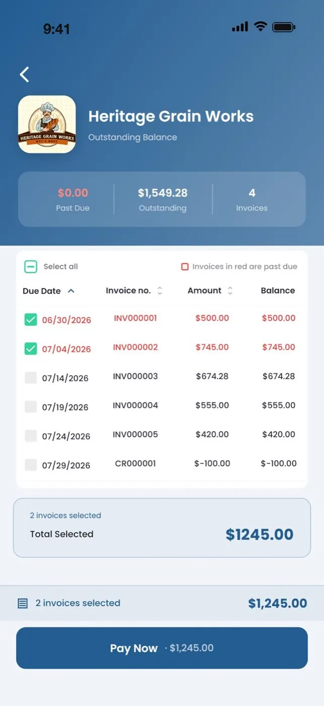 Wireten app: select invoices and pay by ACH