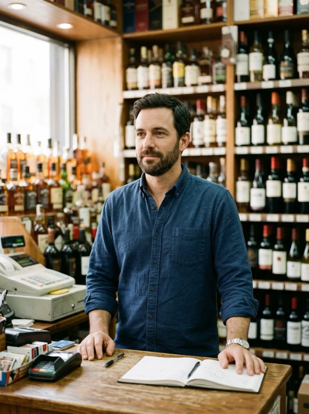 A wine and liquor retailer at the counter of his store, wine shelves behind him