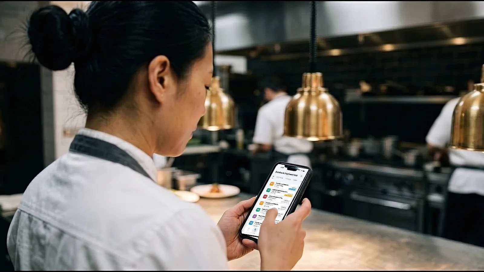 A restaurant owner checking her phone in her kitchen
